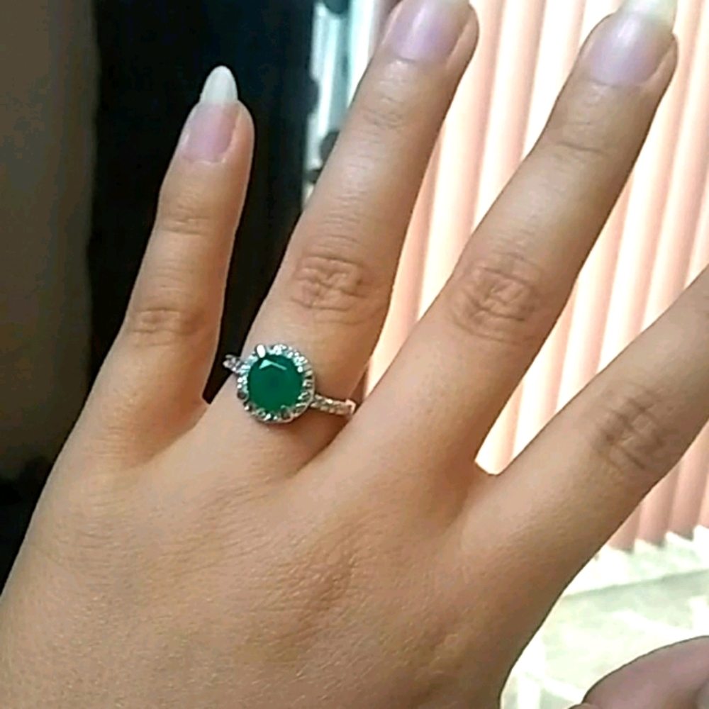 Sterling Solid Silver Ring With Green Gem - image 2